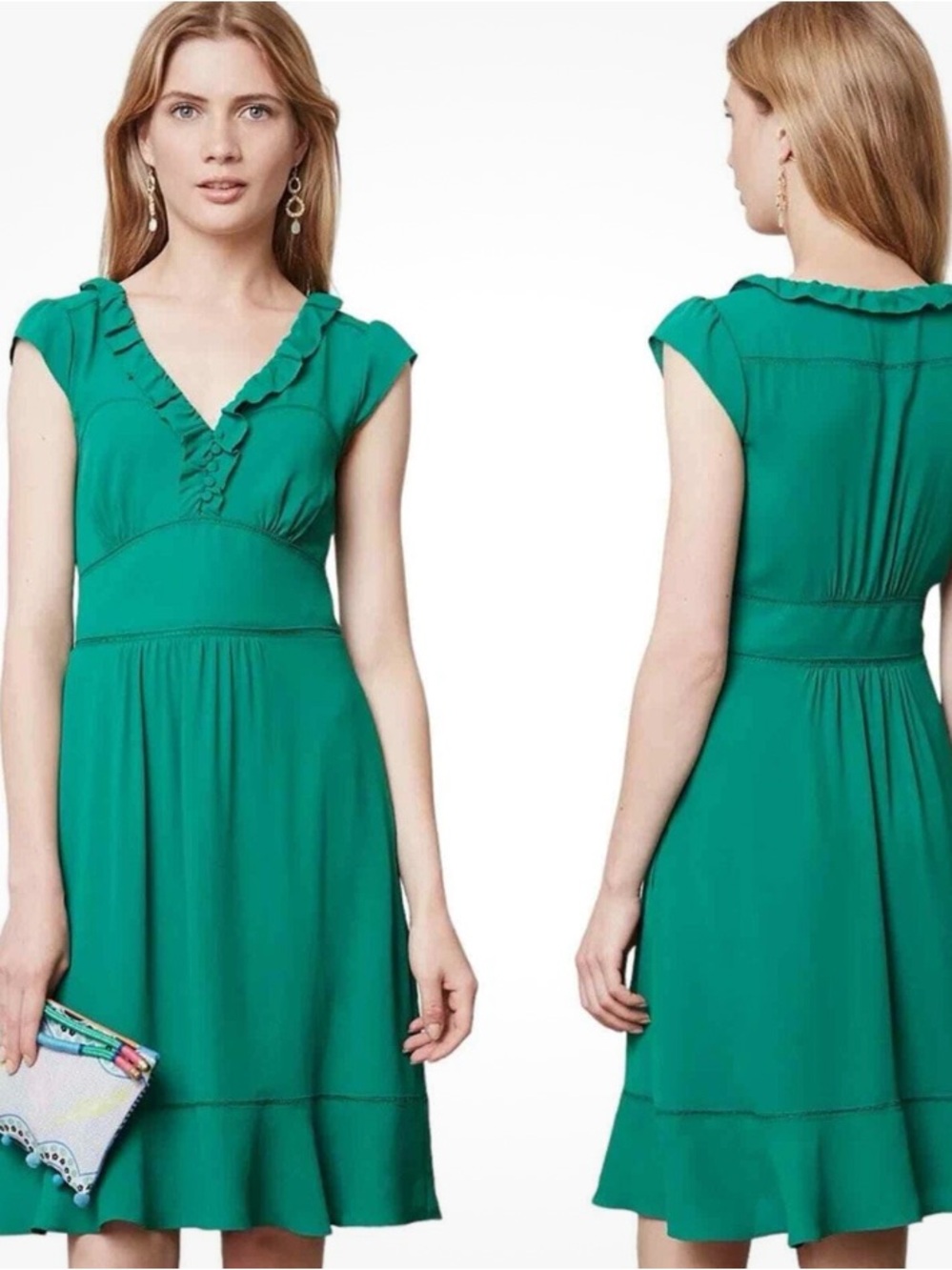 Maeve Green Ruffle Della V-Neck Midi Dress US size 2